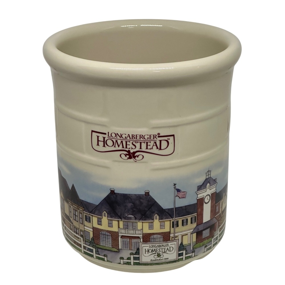 Longaberger Homestead Pottery Crock Utensil Jar Cream Village Scene 7 Inch
